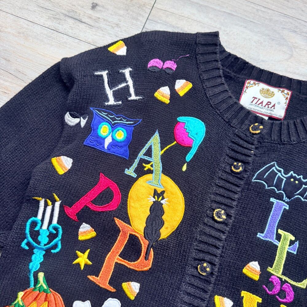 Vintage Halloween Sweater Cardigan Small 2001 Tiara International Ghost Pumpkin - Picture 10 of 13